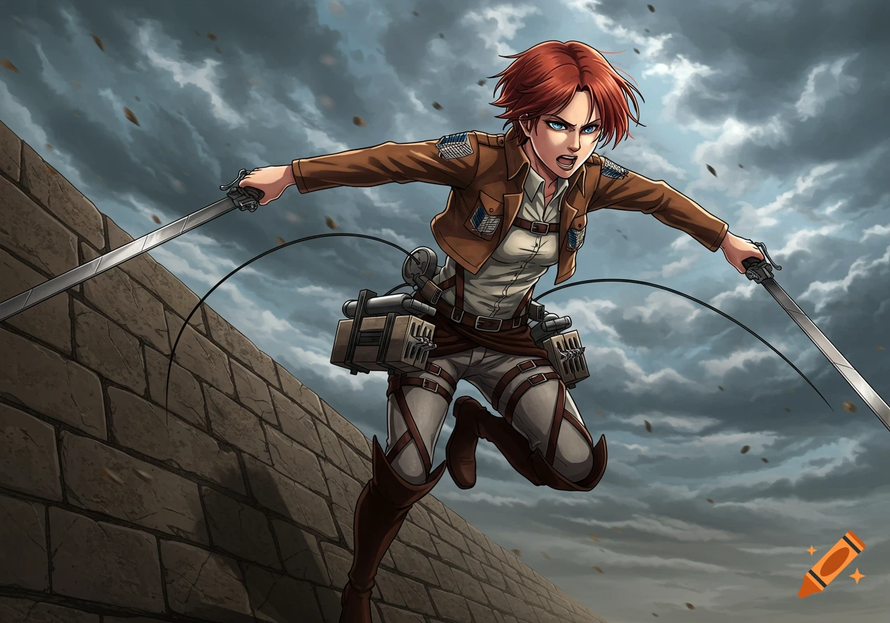 An anime woman with short red hair and blue eyes, wearing an Attack on Titan uniform, jumps across a stone wall with swords in hand under a stormy sky.