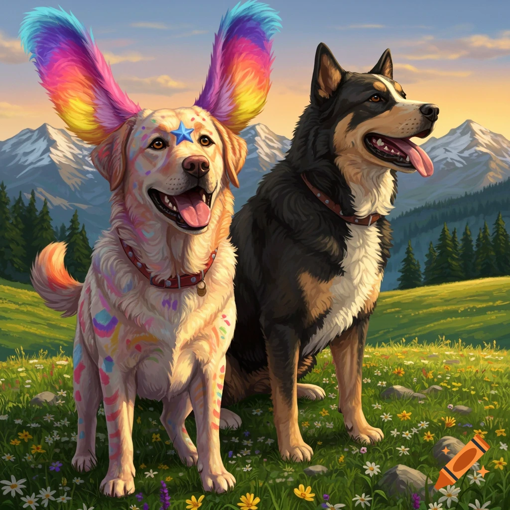 A golden Labrador with rainbow ears and a blue star on its forehead sits next to a black and tan mountain dog in a flower-filled mountain meadow.