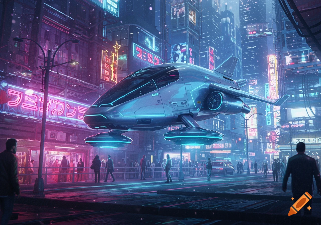 A futuristic silver flying vehicle hovers over a bustling street in a neon-lit cyberpunk city at night.