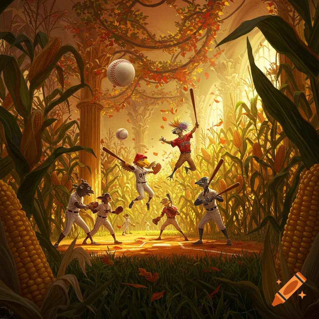 Anthropomorphic animals play baseball in a vibrant, autumnal cornfield with tall corn stalks and ancient ruins.