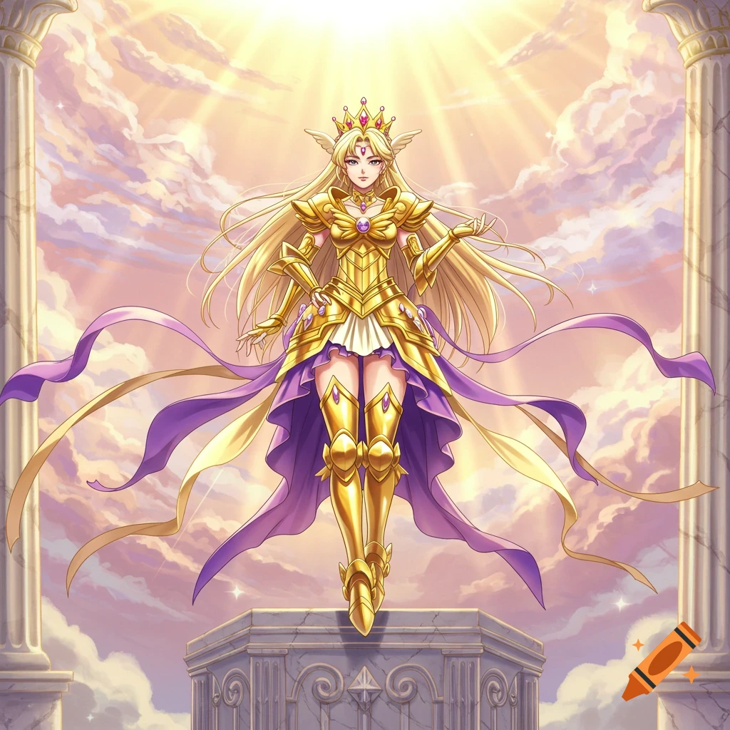 Anime girl in golden armor with a crown and flowing purple ribbons, standing on a pedestal bathed in sunlight.