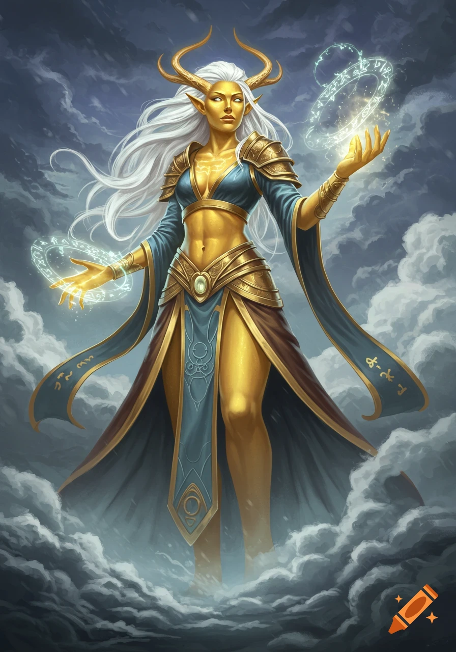 A golden-skinned female sorcerer with white hair and horns stands amidst clouds, casting spells with glowing magical rings.