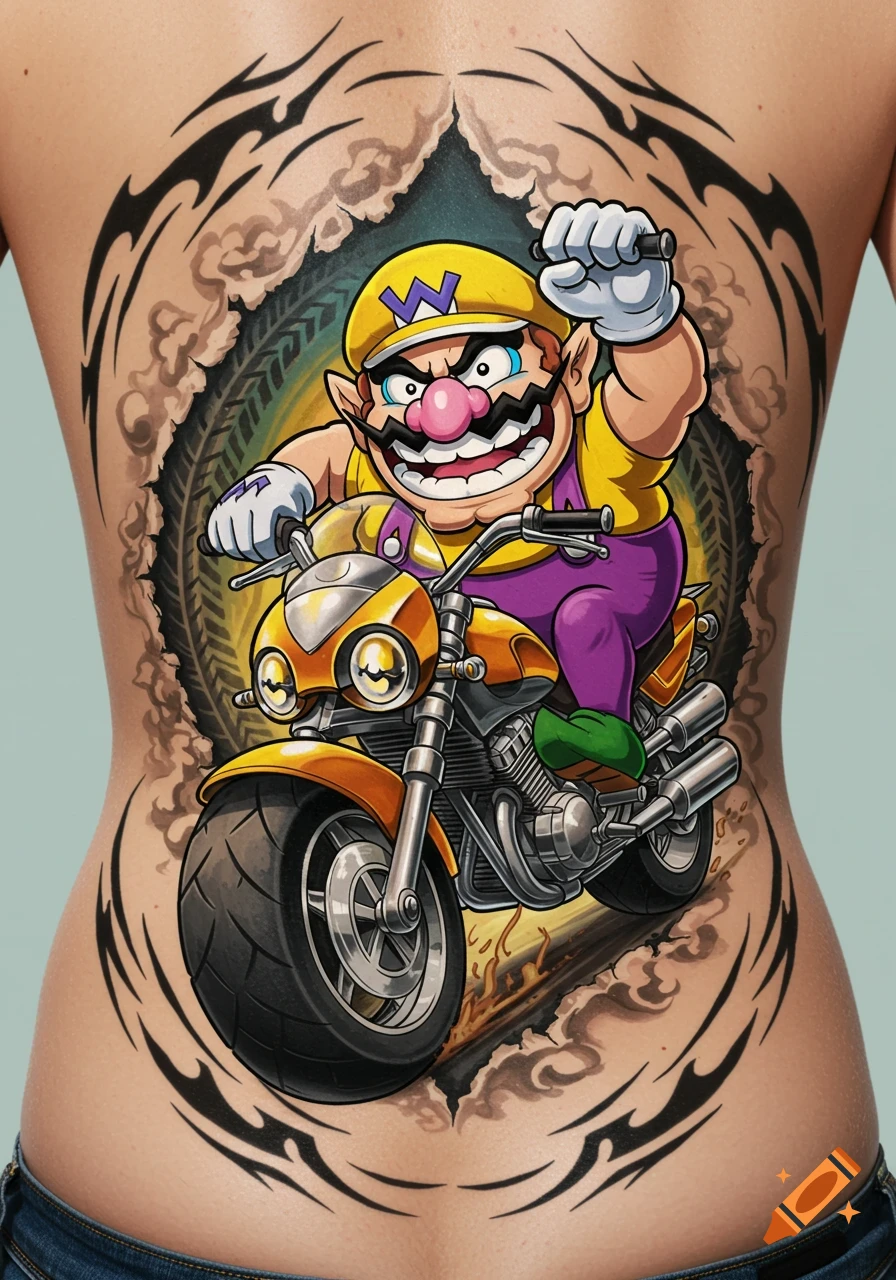 A colorful Wario cartoon tattoo on a person's lower back, depicting Wario riding a yellow motorcycle surrounded by tribal-like patterns.