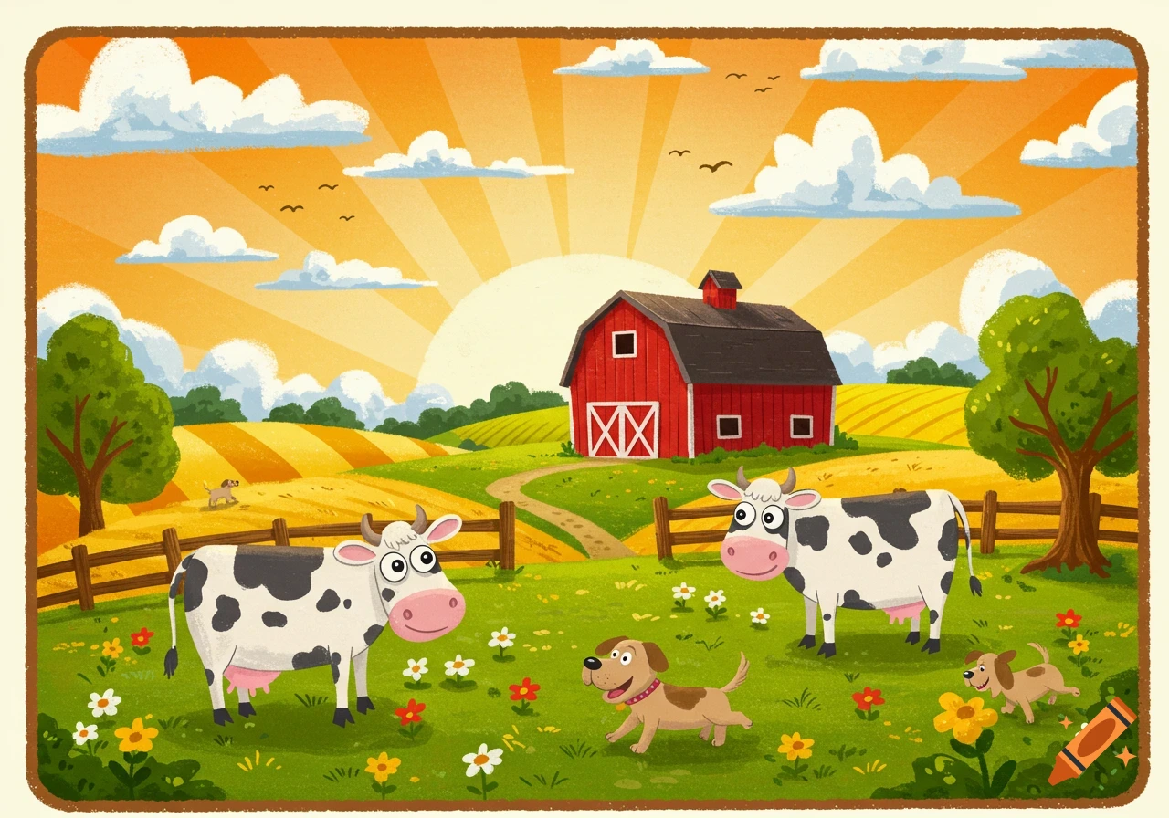 A vibrant, cartoonish farm landscape at sunset, featuring a red barn, two cows, and three dogs playing in a green field with wildflowers.