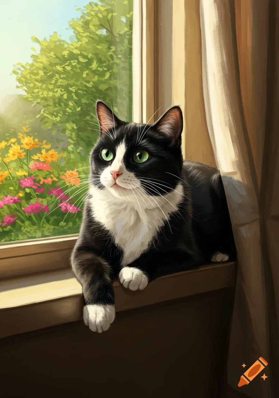 A black and white tuxedo cat with green eyes sits on a window sill, looking out at a bright, flowery garden.