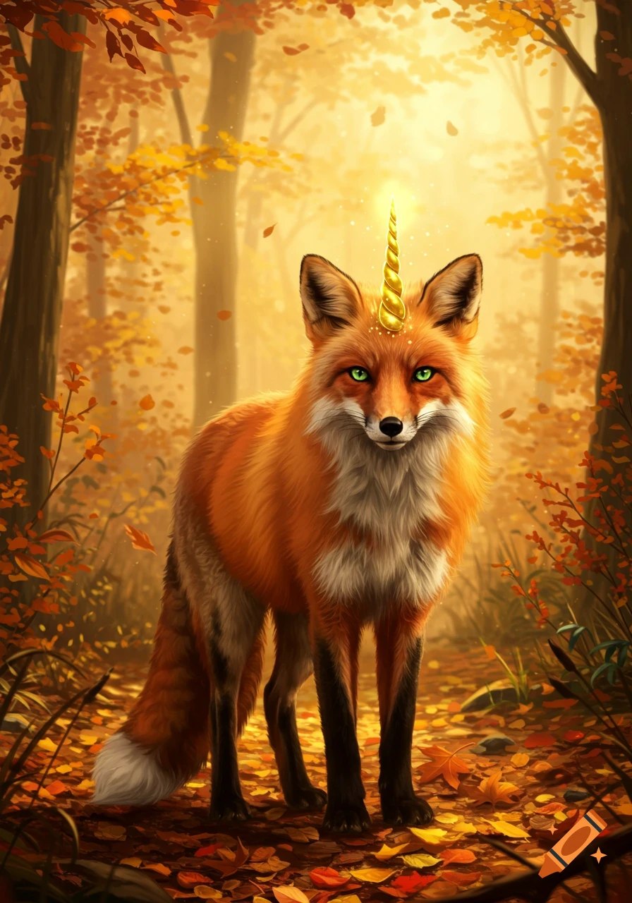 A red fox with glowing green eyes and a golden unicorn horn stands in an autumn forest with fallen leaves in a fantasy art style.