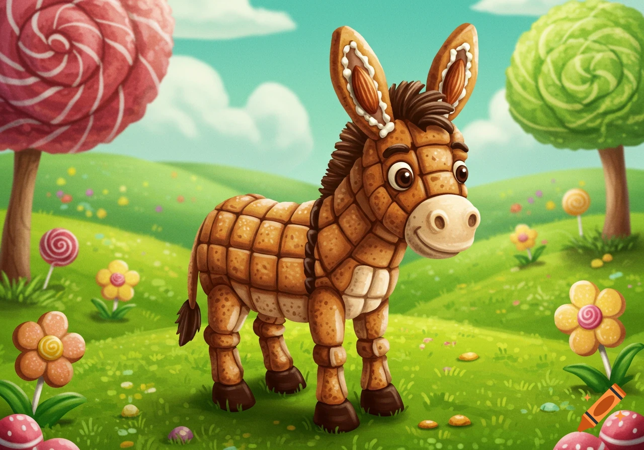 A cartoon donkey made of cookies stands in a whimsical candy land with lollipop trees and candy flowers.