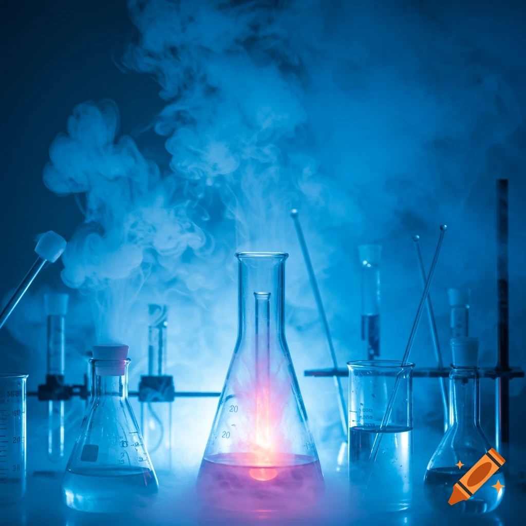 A dark laboratory scene with scientific glassware, including beakers and flasks, filled with glowing liquid and surrounded by smoke.