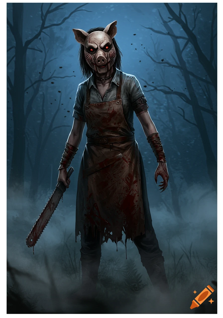 A menacing figure in a blood-stained apron and pig mask with glowing red eyes stands in a misty, dark forest, holding a bloody chainsaw.