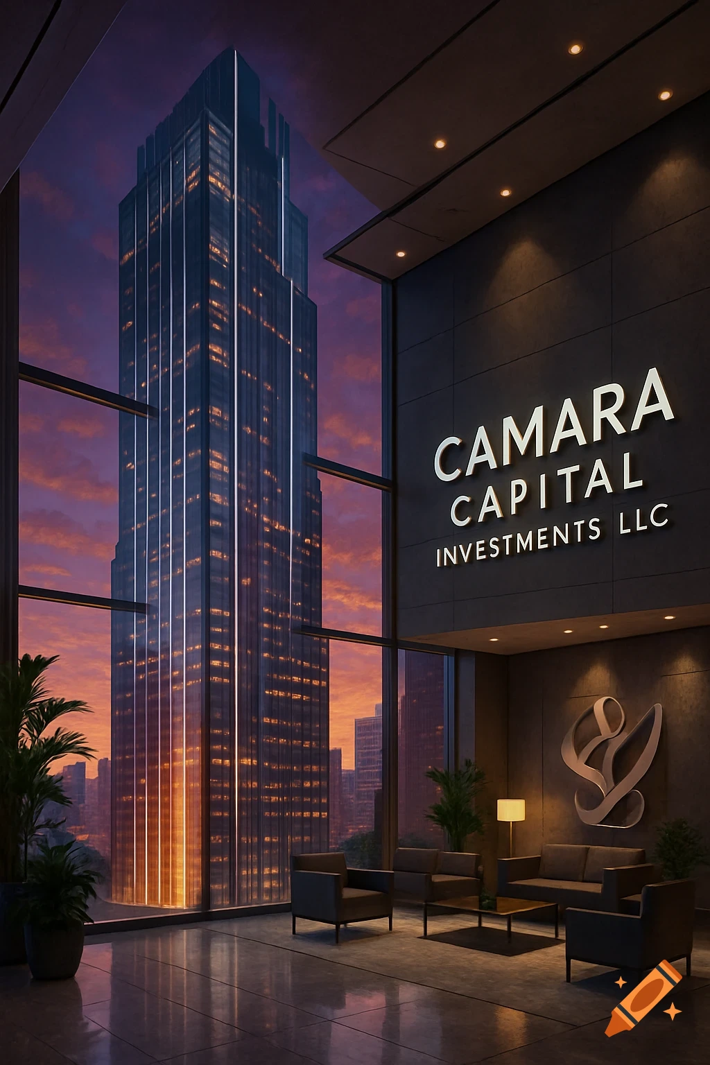 Photorealistic image of a modern corporate lobby with a large CAMARA CAPITAL INVESTMENTS LLC sign, overlooking a skyscraper and city at sunset.