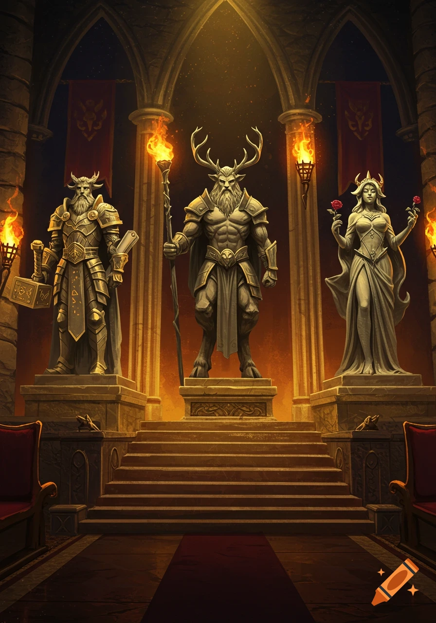 Three illuminated statues in a grand castle chamber. A warrior statue on the left, a stag-man in the center, and a goddess holding roses on the right, all standing on a raised dais with torches.