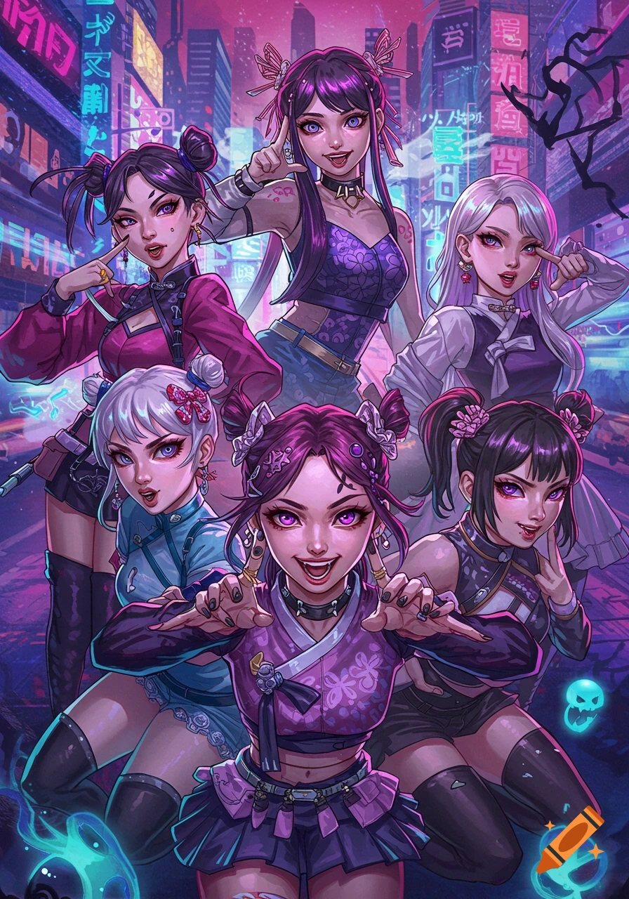 A vibrant anime-style illustration of six young women, possibly K-pop demon hunters, posing in a neon-lit cyberpunk city at night.