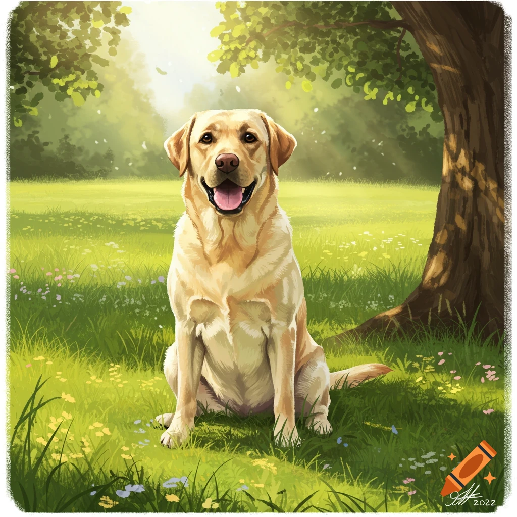 An illustrated golden Labrador dog sits smiling in a sunny green field with a tree.
