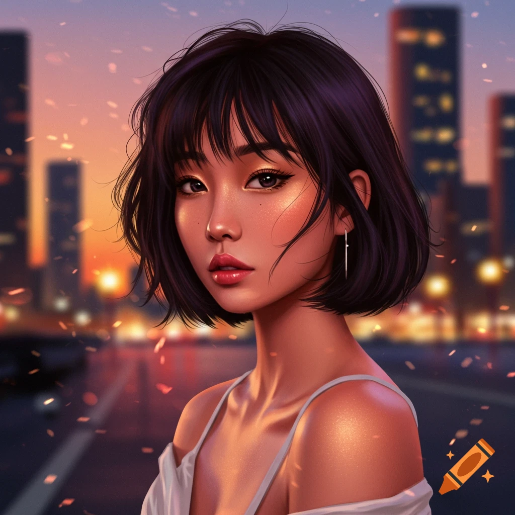 Digital art portrait of an Asian woman with short dark hair in front of a blurred city skyline at sunset.