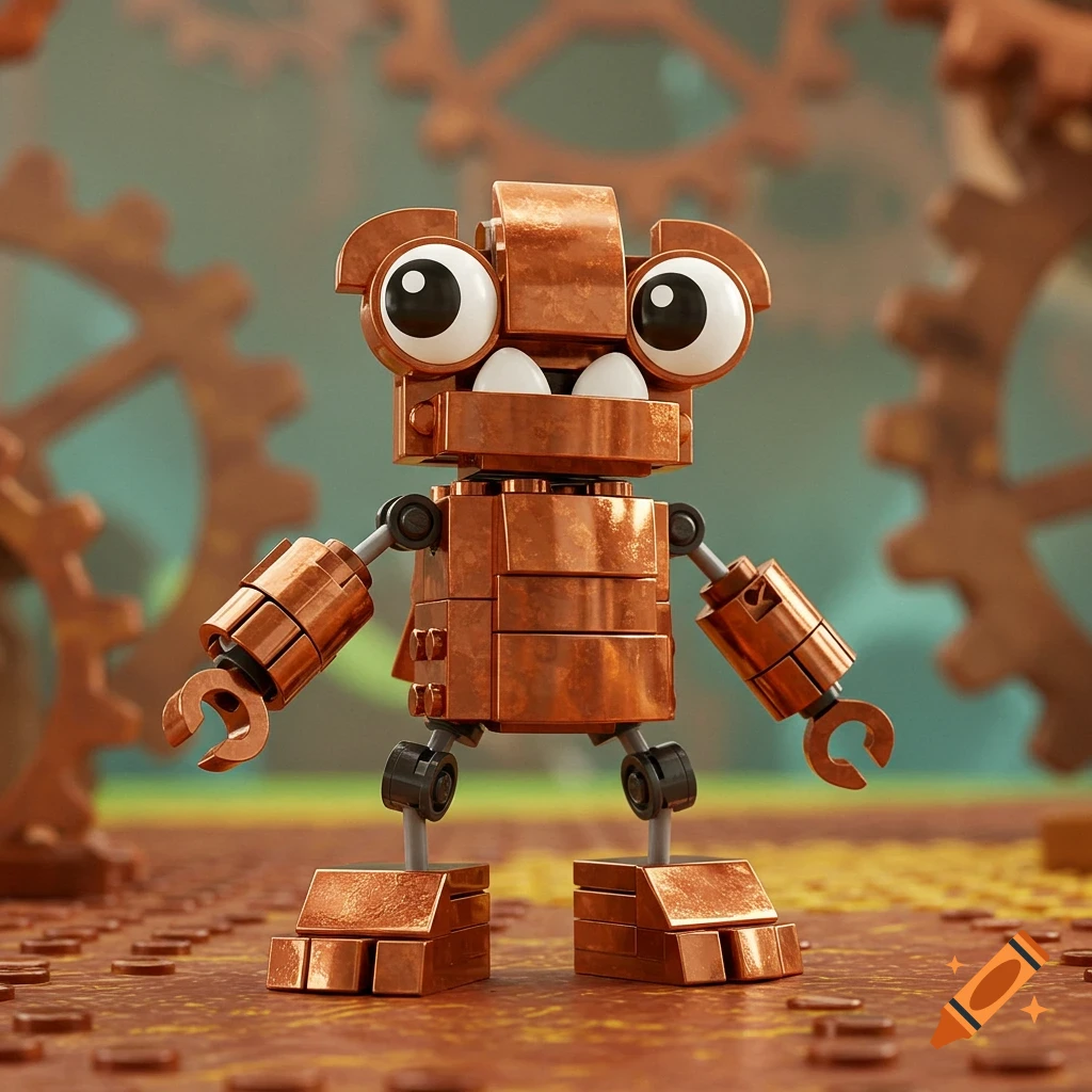 A copper-colored Lego-style character with large eyes and two teeth stands on a blocky surface with blurred gears in the background.