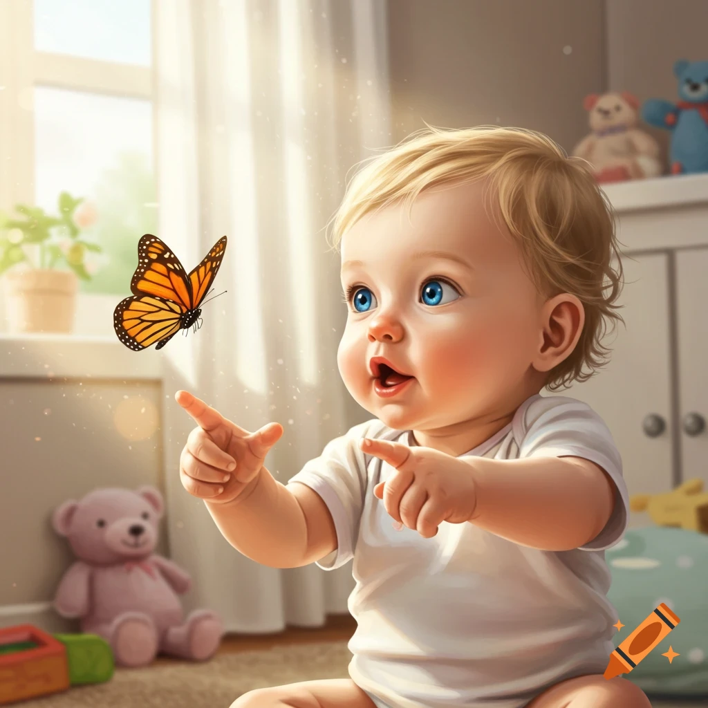 A happy baby with blue eyes points at a monarch butterfly flying in a sunny room.