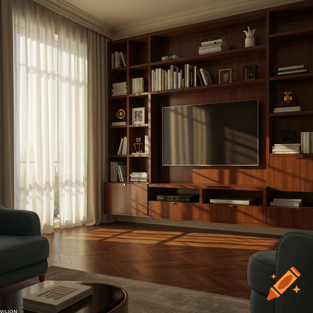 Photorealistic image of a living room with a large wooden TV and bookshelf entertainment unit, sheer curtains, and sunlight.
