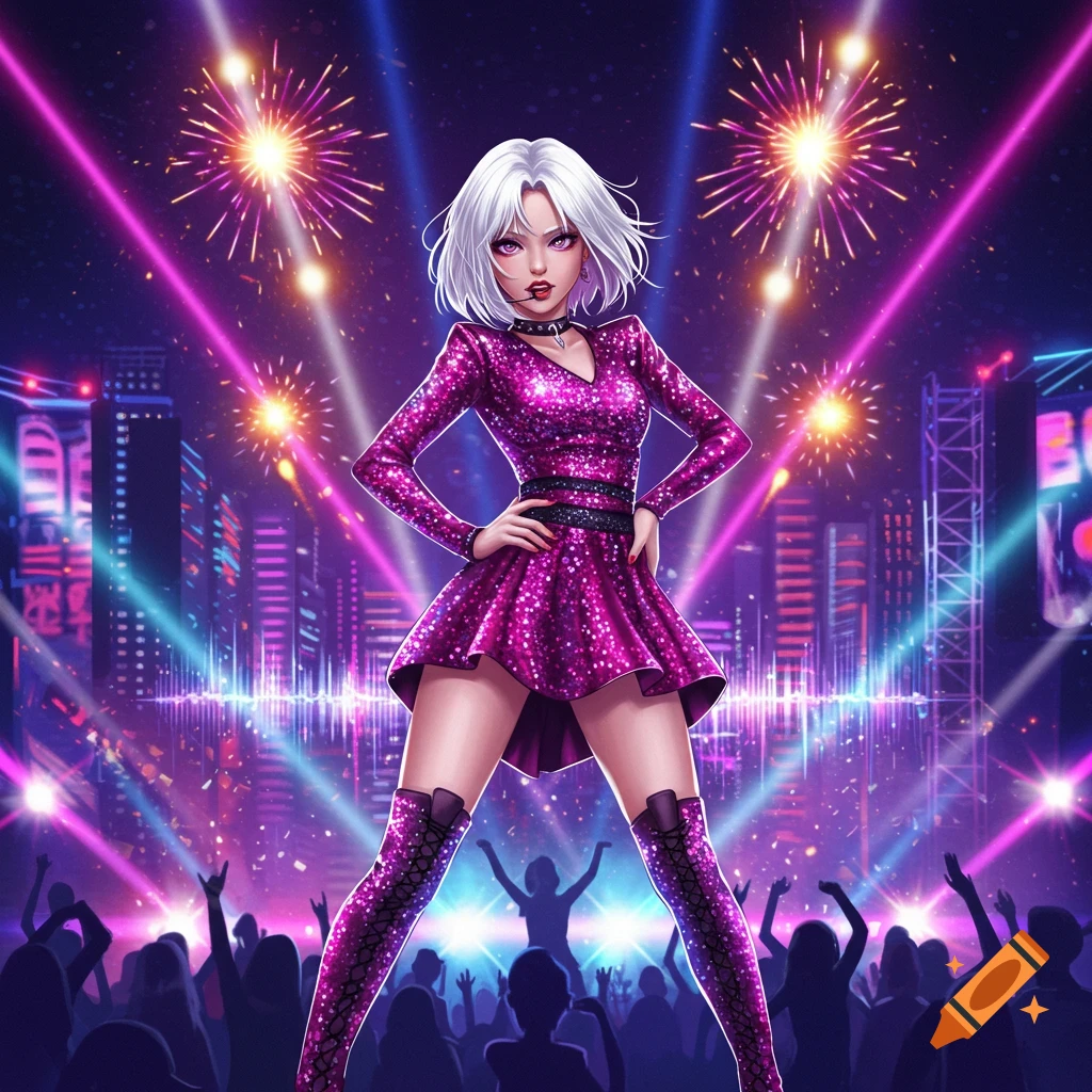 Anime-style k-pop artist with white hair in a sparkly pink dress and boots performs on stage with purple and blue lights, fireworks, and a silhouetted crowd.