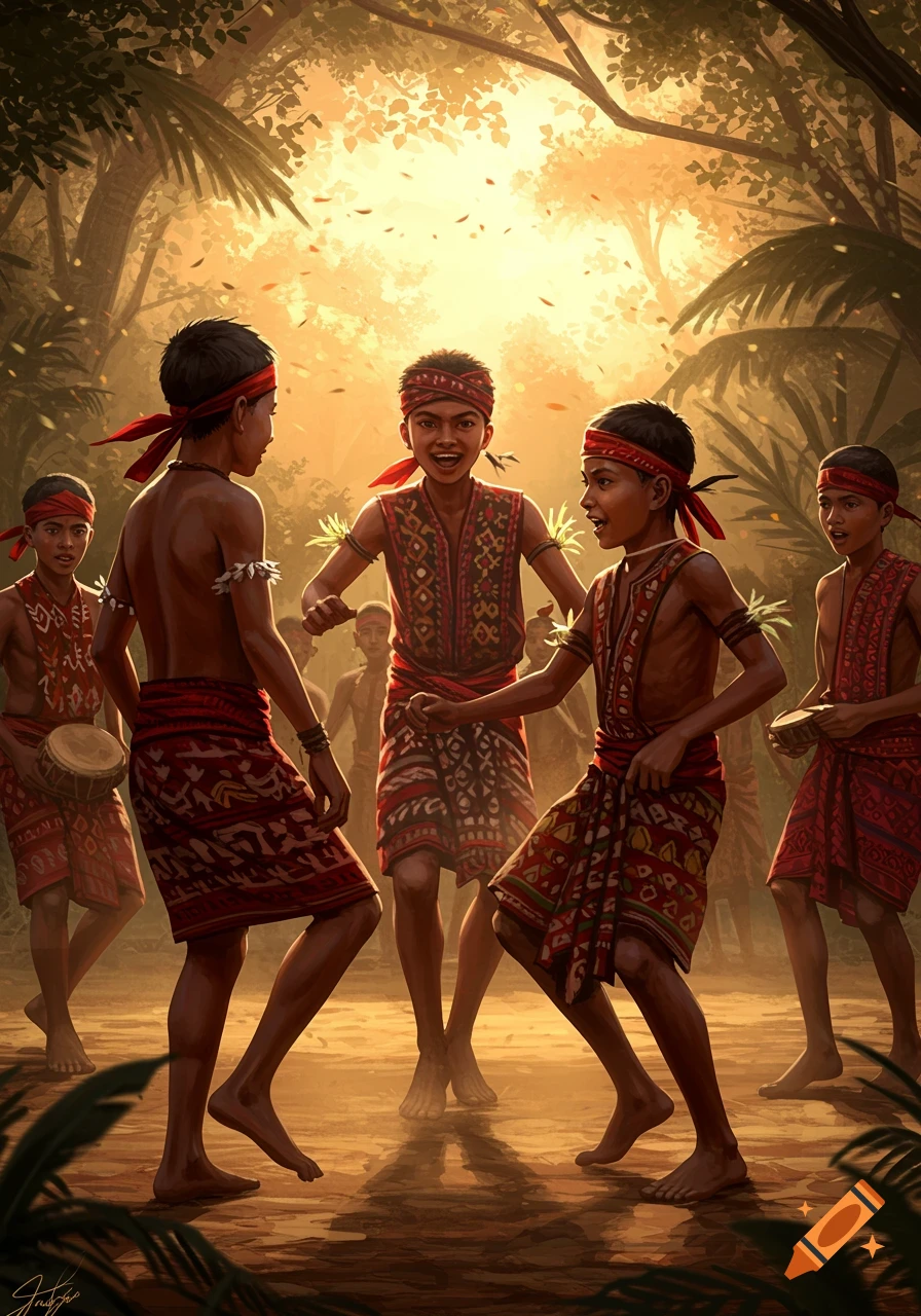 Digital painting of boys in traditional red and patterned clothing dancing in a sunlit forest.