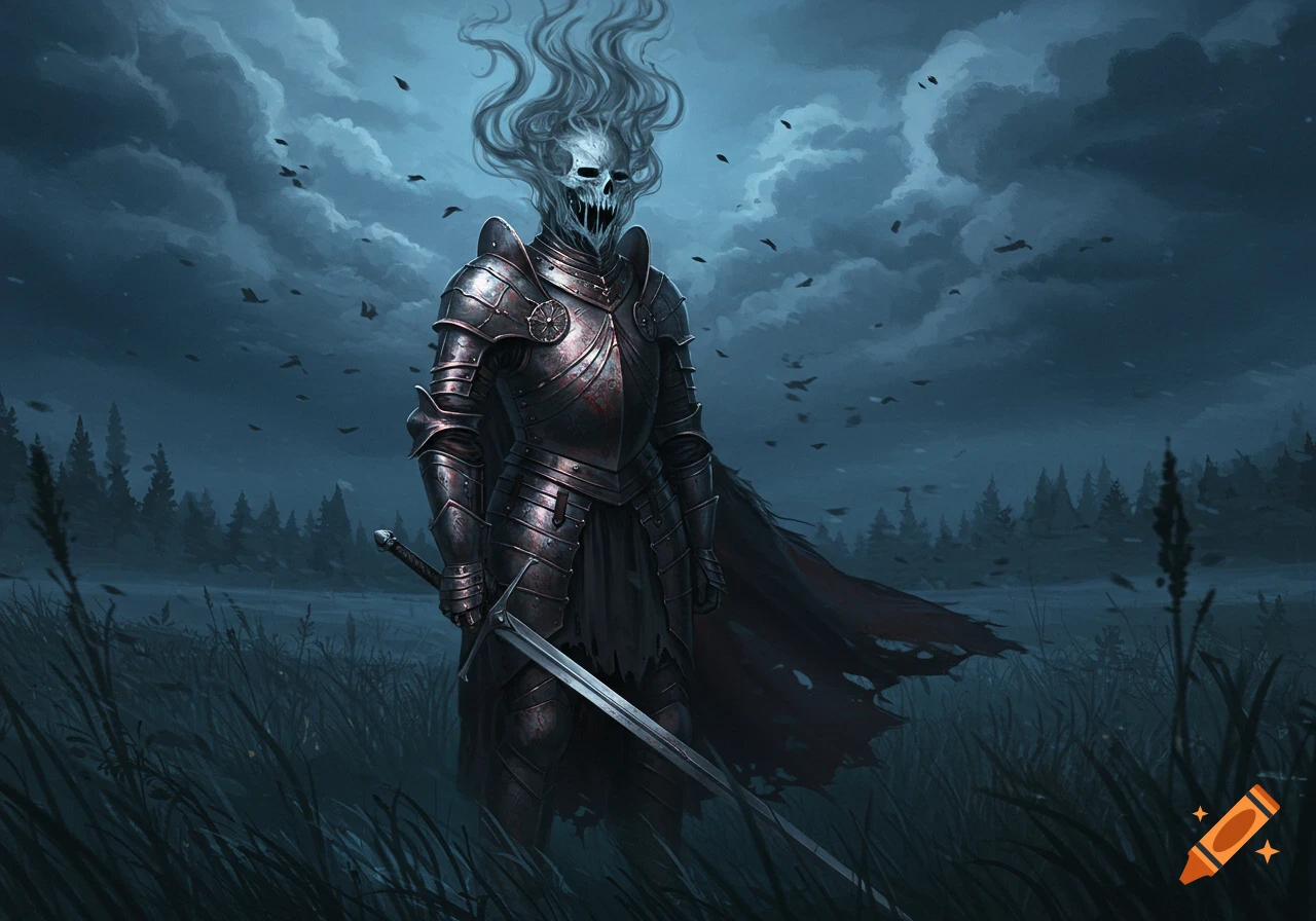 A skeletal knight with a head of smoke stands in a dark field, holding a large sword, under a stormy sky.