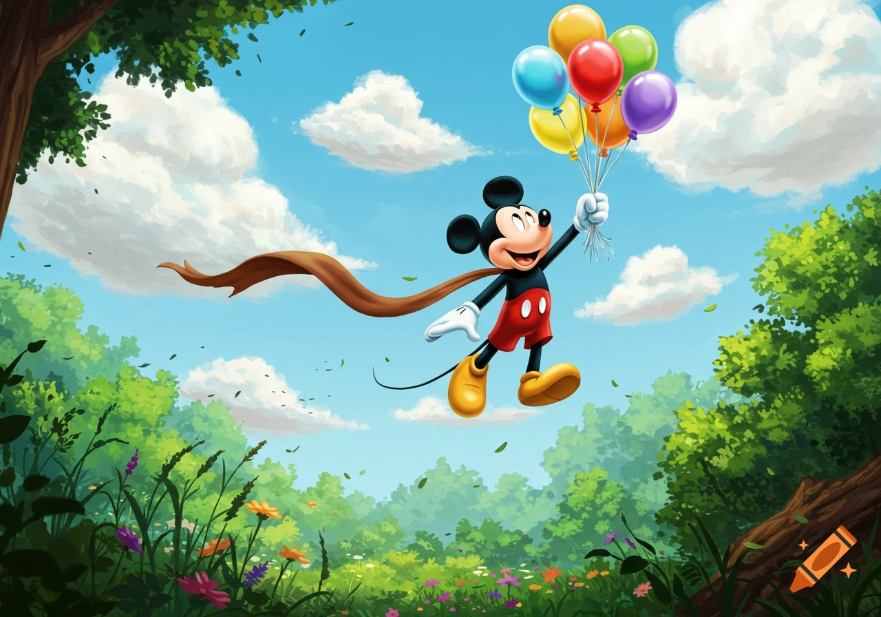 Mickey Mouse flying with colorful balloons above a vibrant green forest and flowers against a blue sky.