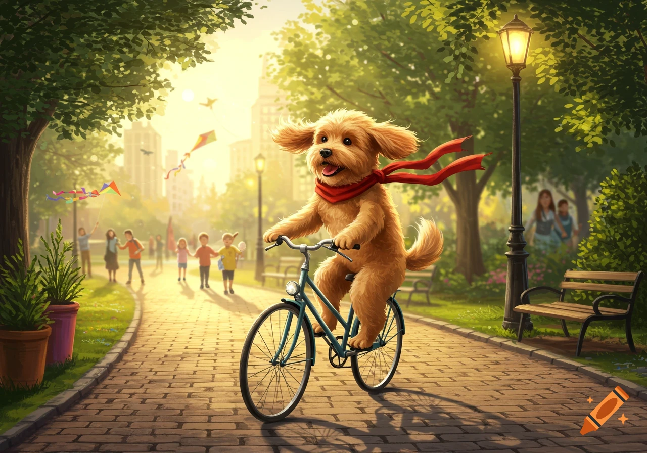 A fluffy brown dog wearing a red scarf rides a blue bicycle on a brick path in a sunny park with trees and people.