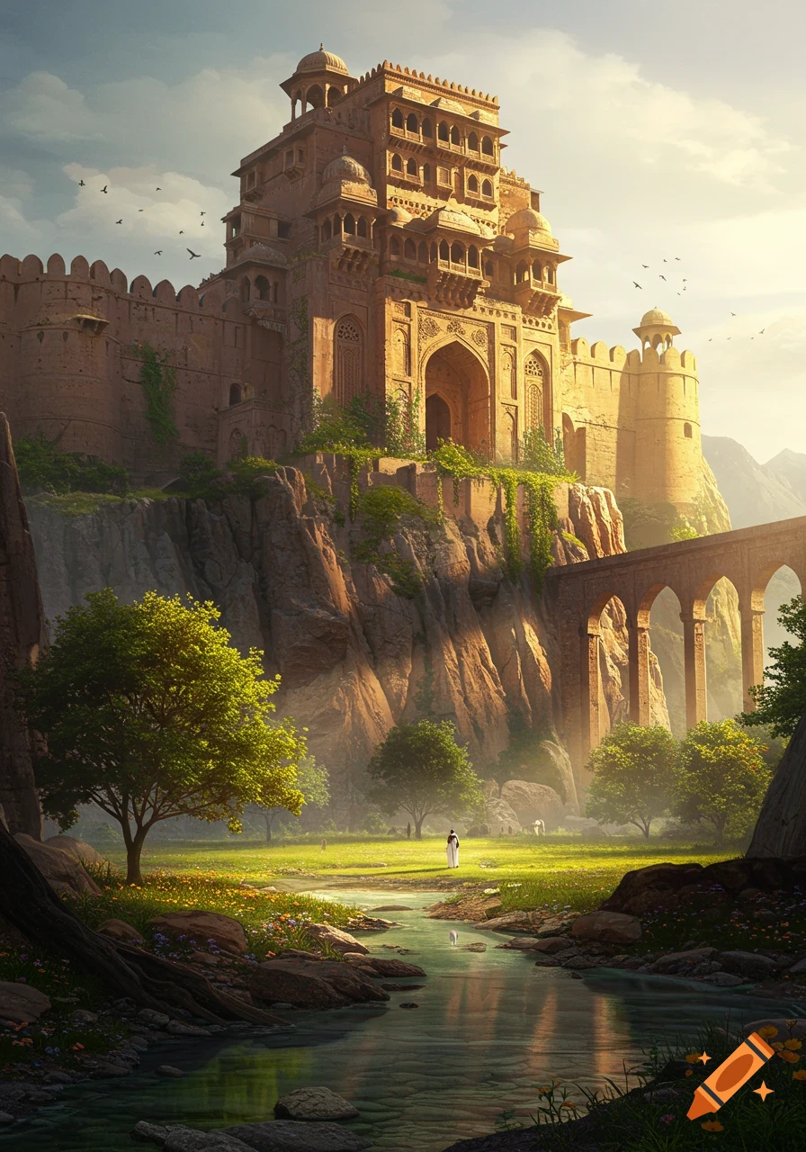 A grand ancient fortress built into a rocky cliff overlooking a serene river, lush green landscape, and distant mountains under a bright sky.