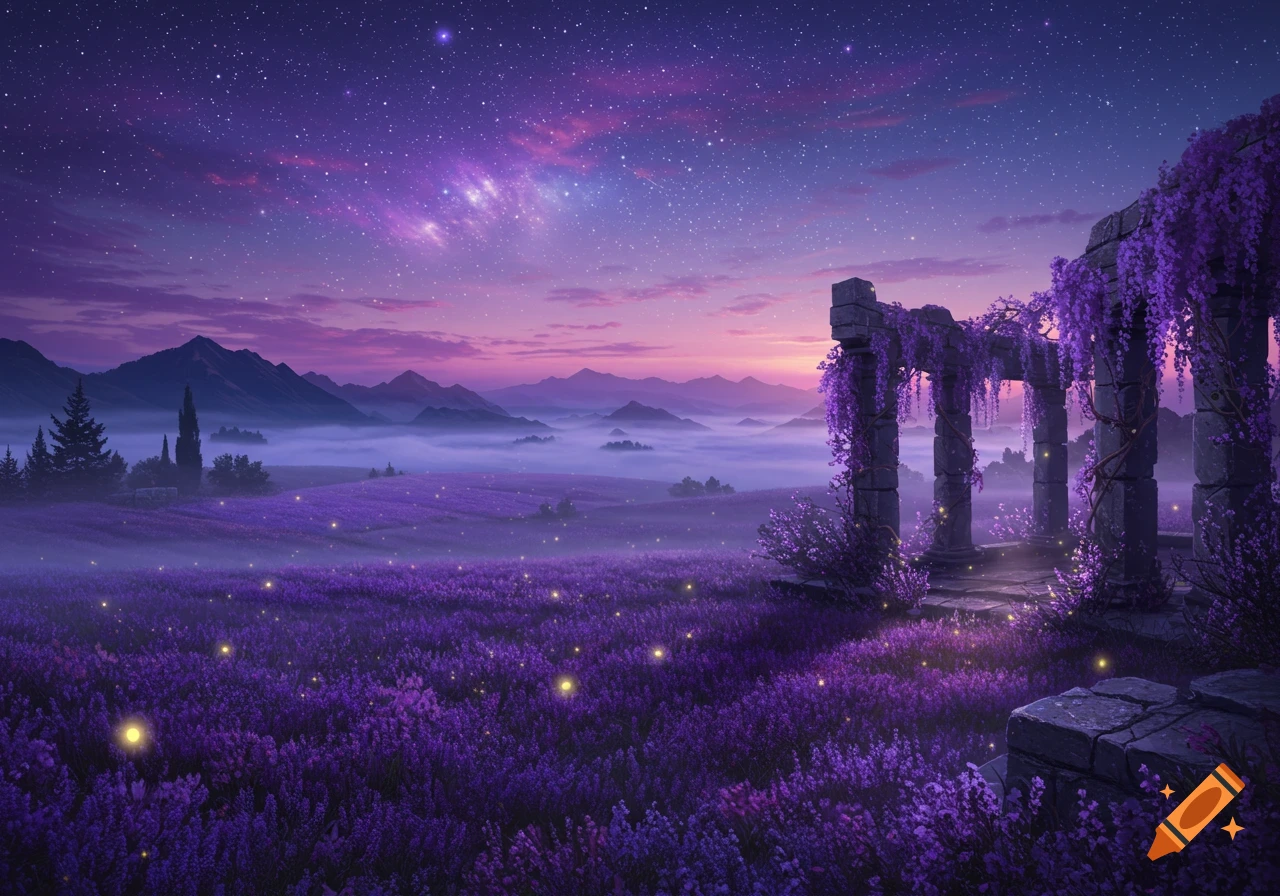 A fantastical landscape with a vast purple lavender field under a starry night sky, ancient ruins covered in purple vines, and distant mountains shrouded in mist.