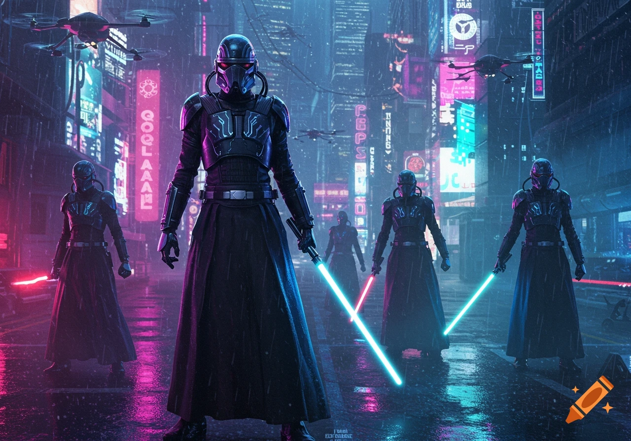 Armored figures with red and blue lightsabers stand in a rainy, neon-lit cyberpunk city with flying drones.