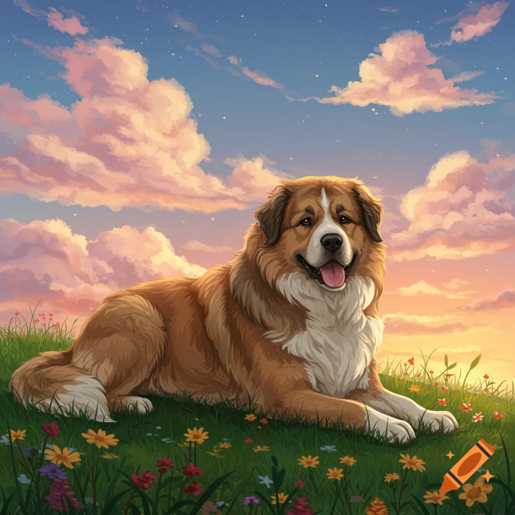 A large fluffy dog with brown and white fur lies on a green grassy hill covered in colorful wildflowers under a sky with pink and orange clouds at sunset.