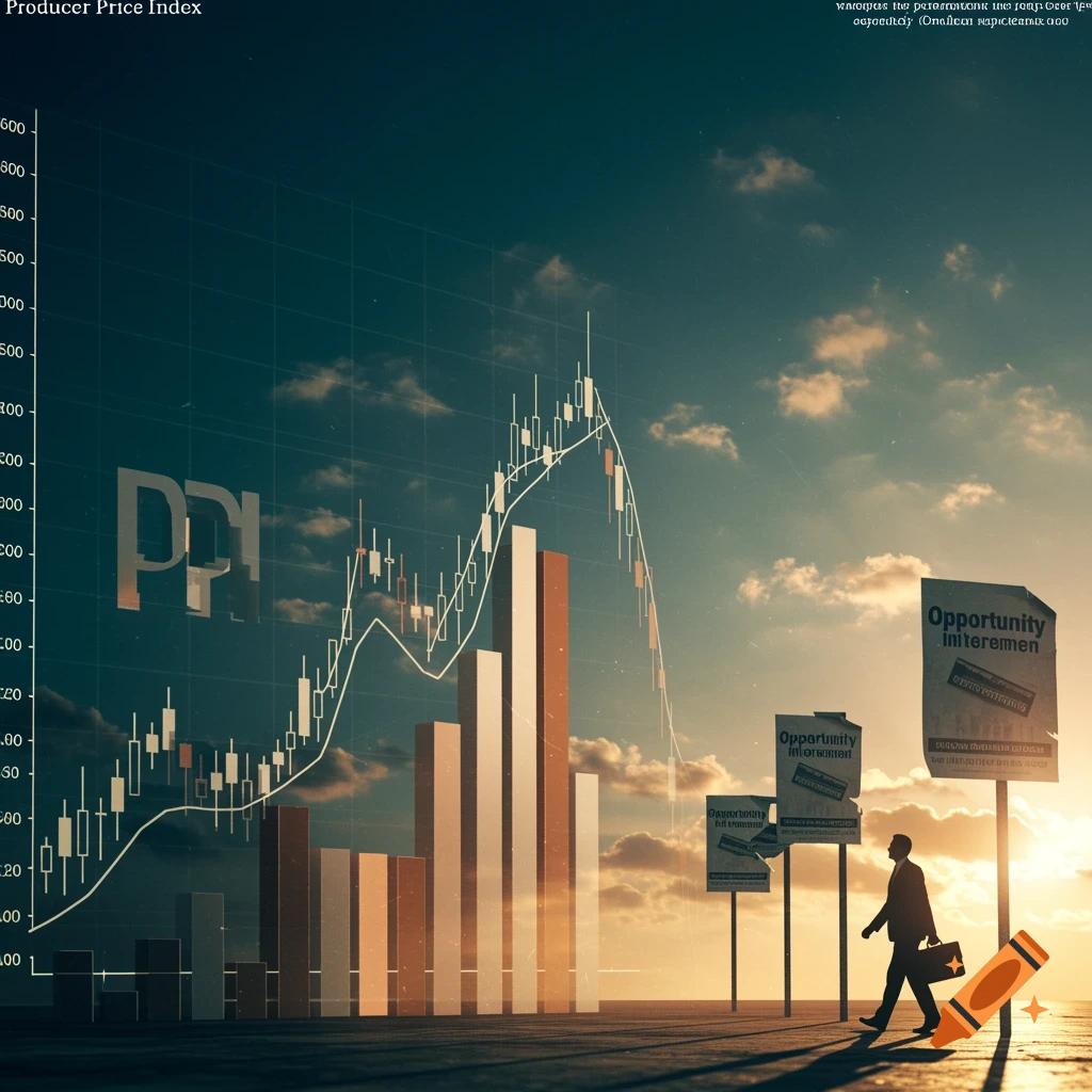 A businessman walks past large financial charts and signs with text like "Opportunity" under a dramatic sky, representing economic trends.