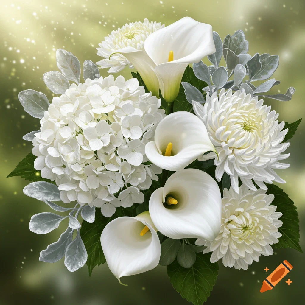 A vibrant bouquet of white hydrangeas, calla lilies, and chrysanthemums with silvery leaves against a sparkling green background.