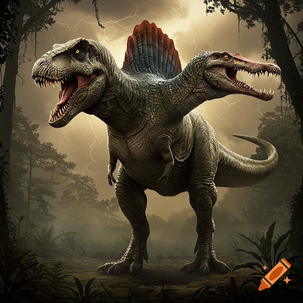 A two-headed dinosaur with a T-Rex head and a Spinosaurus head standing in a jungle with lightning.