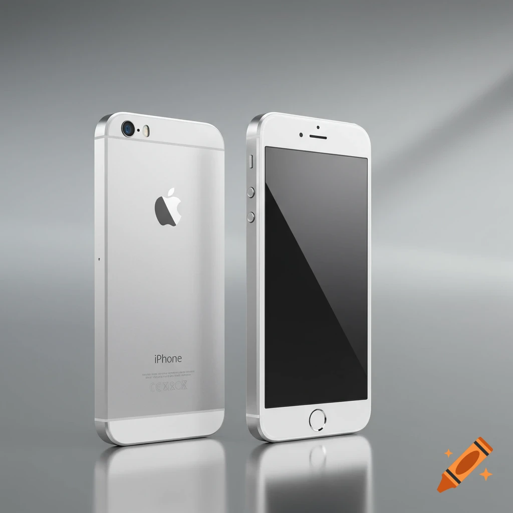 Two silver iPhones, one facing front and one facing back, on a reflective gray surface in a photorealistic style.