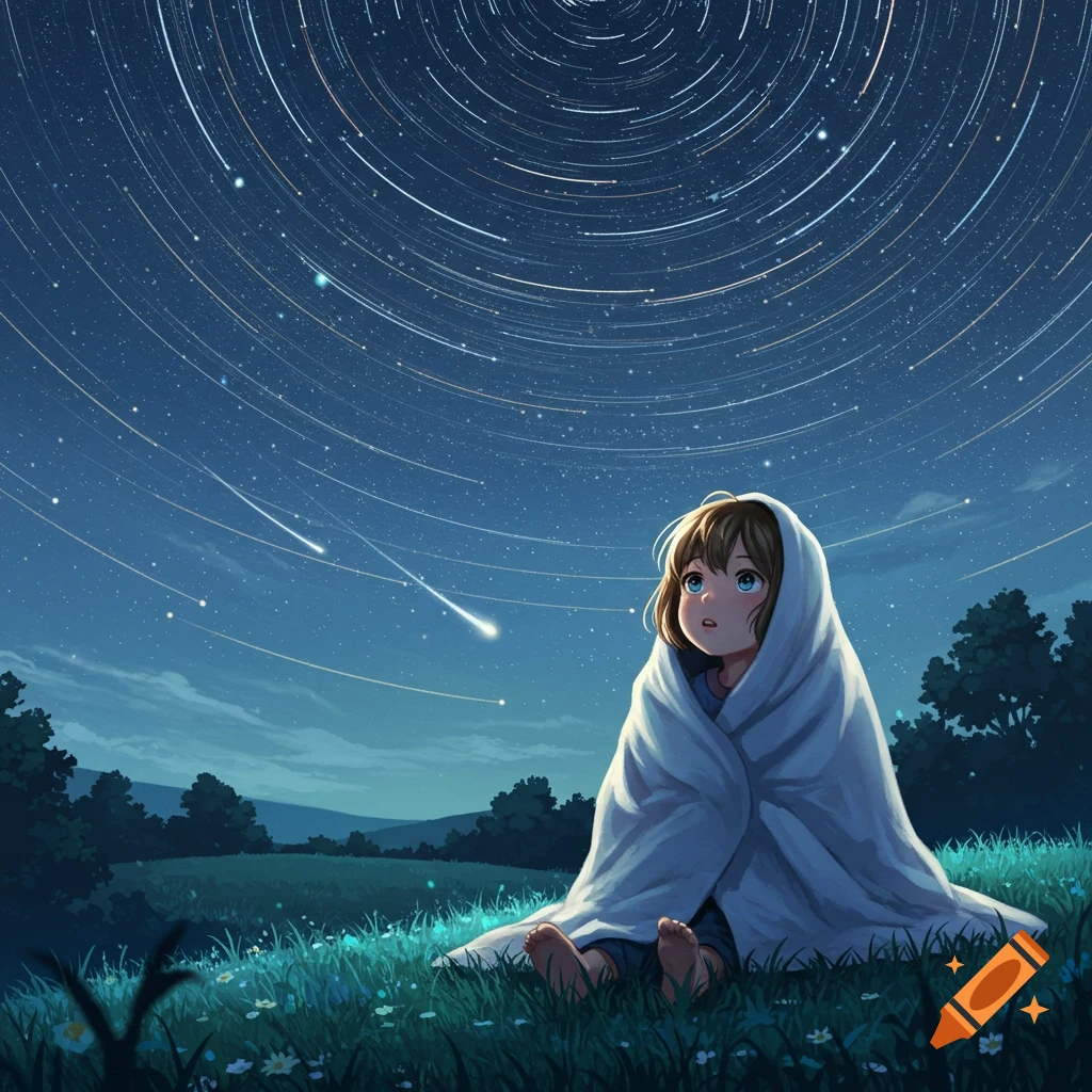An anime child wrapped in a blanket sits in a field, looking up at a meteor shower and star trails in the night sky.