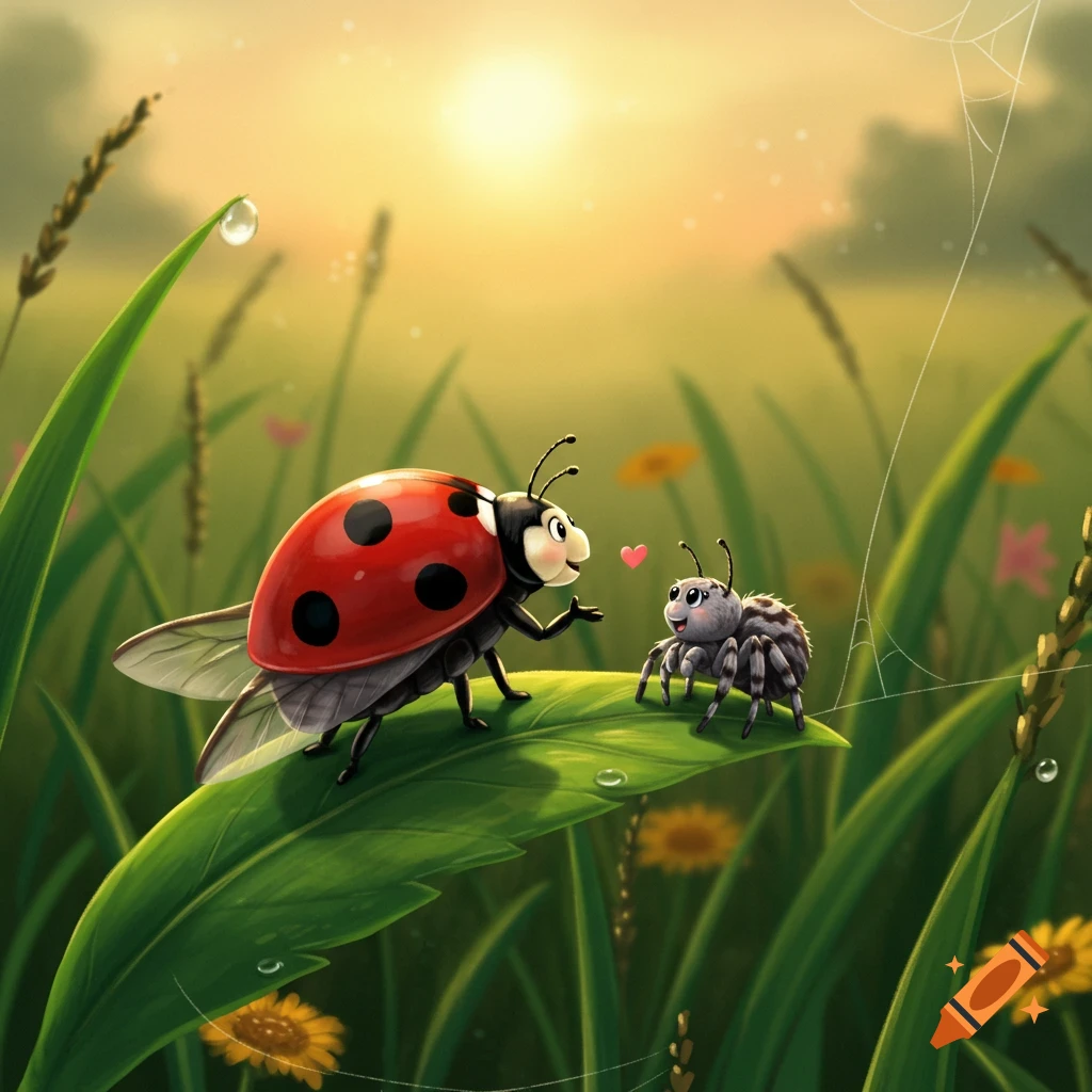 A cute cartoon ladybug and a spider on a green leaf, with pink hearts floating between them in a sunny field at sunrise.