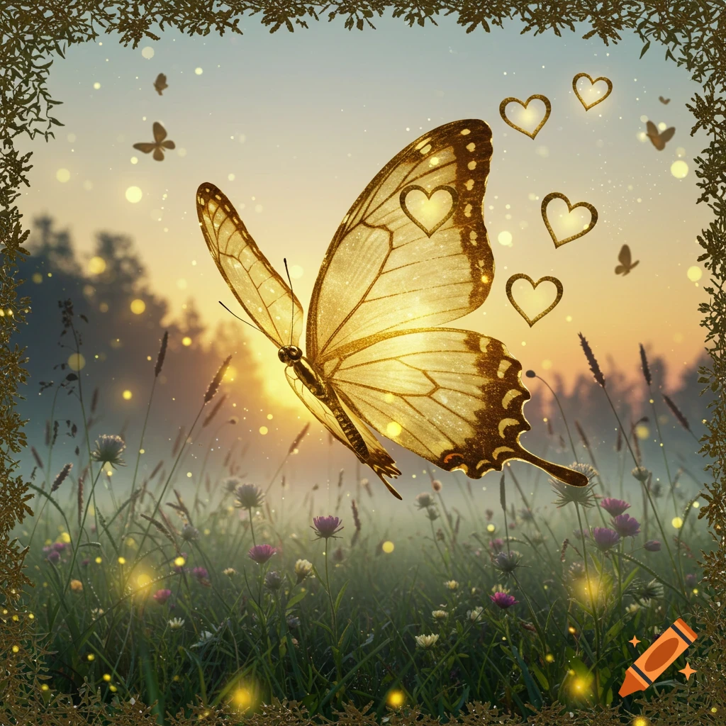 A golden butterfly with hearts on its wings flies over a magical, glowing meadow at sunset, framed by golden leaves.
