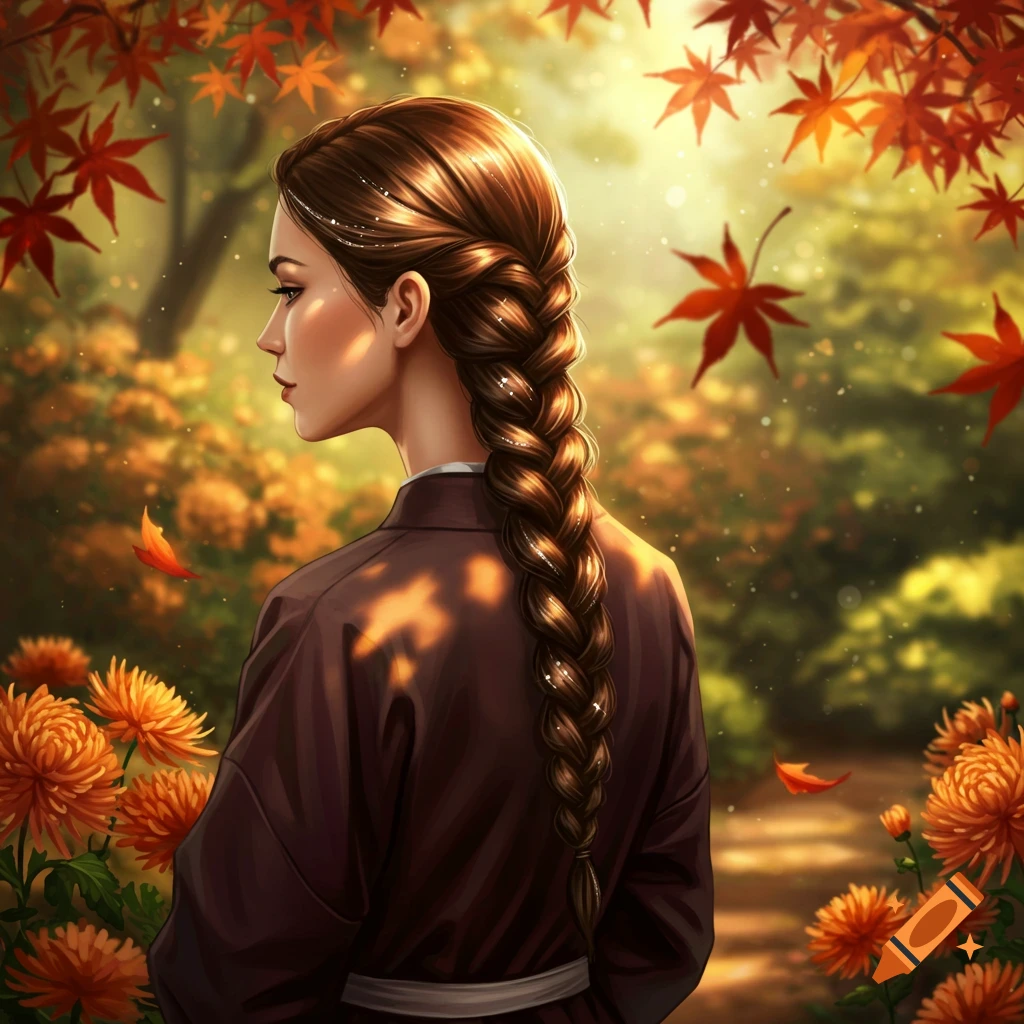 A woman with a long brown braid stands amidst autumn leaves and orange flowers, looking to the left with sunlight on her hair.