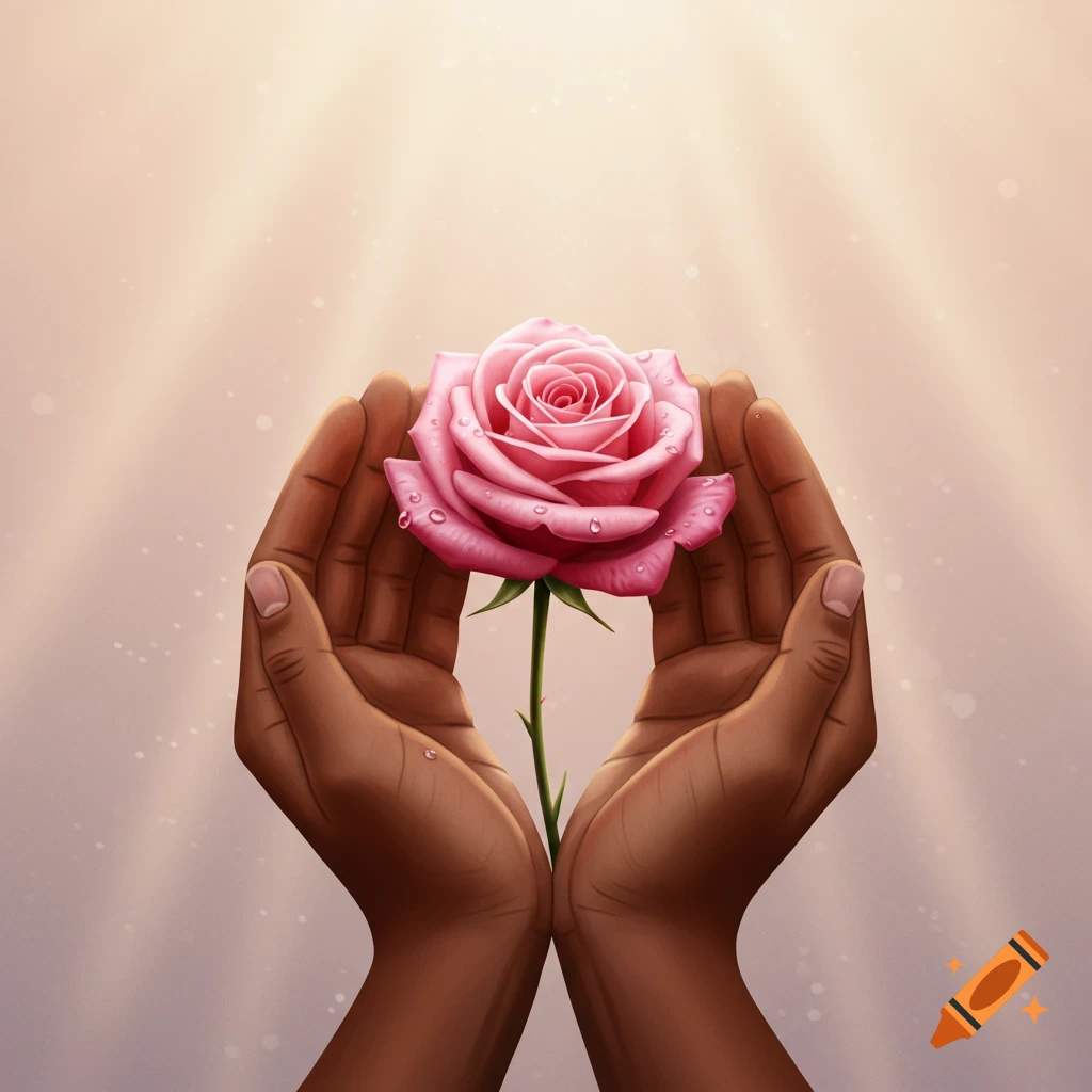 Two brown hands gently cup a pink rose covered in water droplets under rays of light, in an illustrative style.