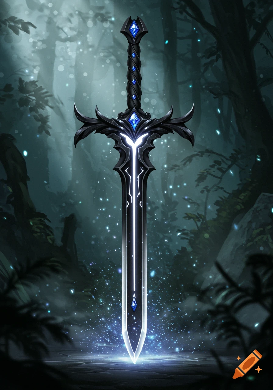 A detailed black sword with blue and silver gems and a glowing white blade stands upright in a dark, magical forest.