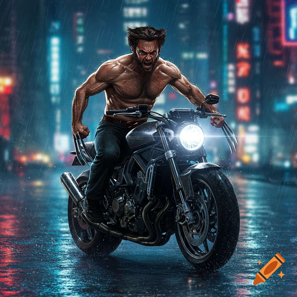 Shirtless Wolverine roaring on a motorcycle on a rainy city street at night, in a comic book art style.