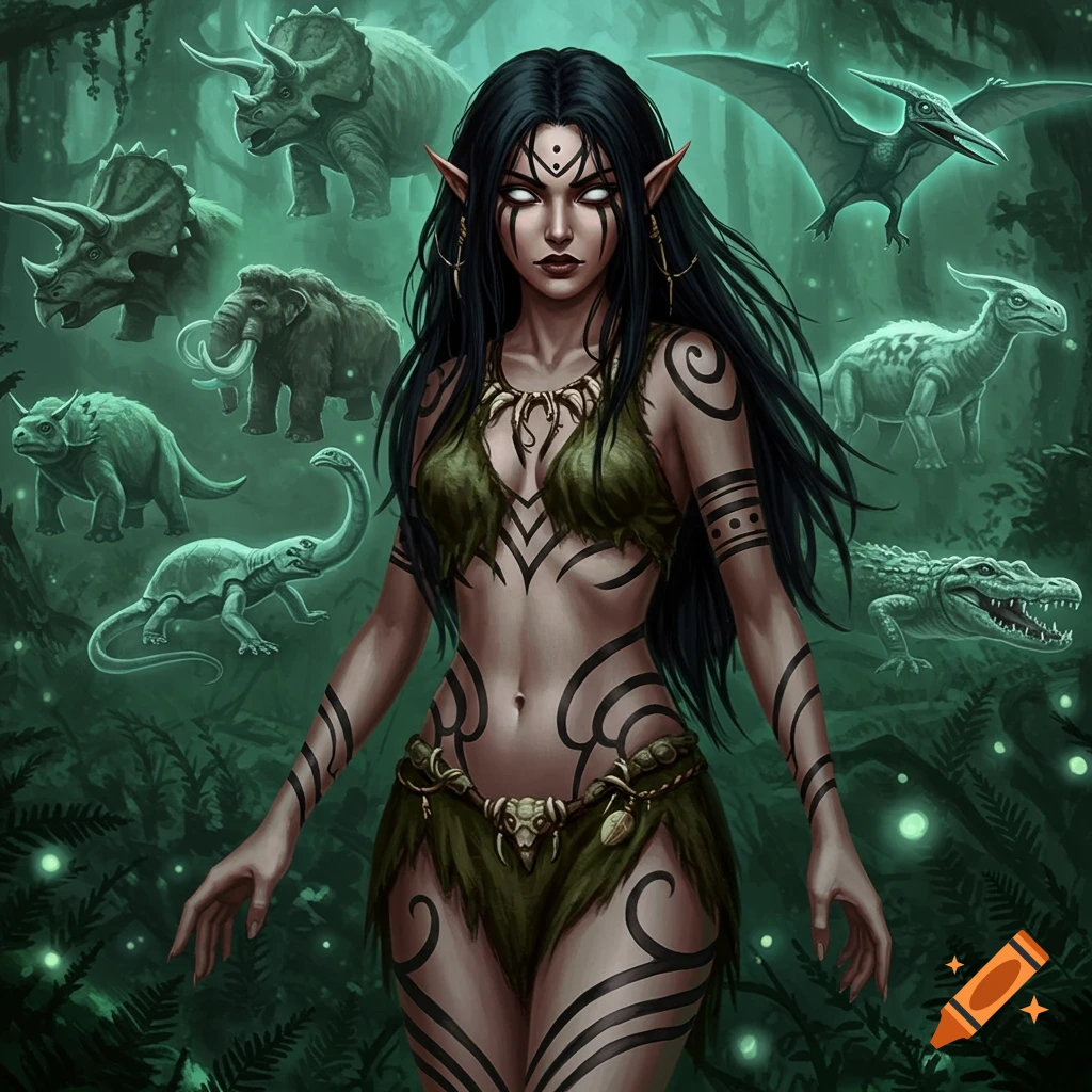A dark-haired elf with white eyes and black tattoos wearing a skimpy prehistoric outfit, surrounded by various prehistoric animals in a lush green jungle setting.
