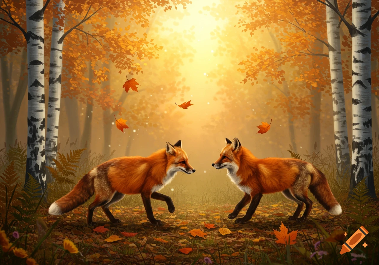 Two red foxes in a sunny autumn forest with birch trees and falling leaves, in a detailed illustrative style.