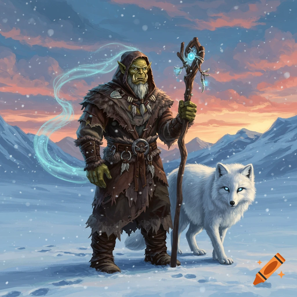 An Orc Shaman with a staff and a white arctic fox stand in a snowy mountain landscape at sunset, digital art.