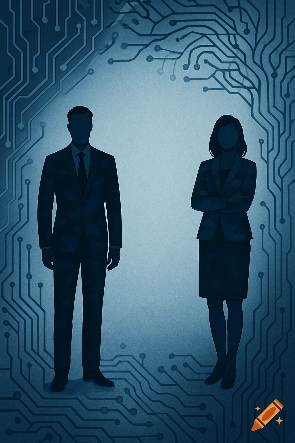 Silhouetted man and woman in business attire against a blue background with circuit board patterns.
