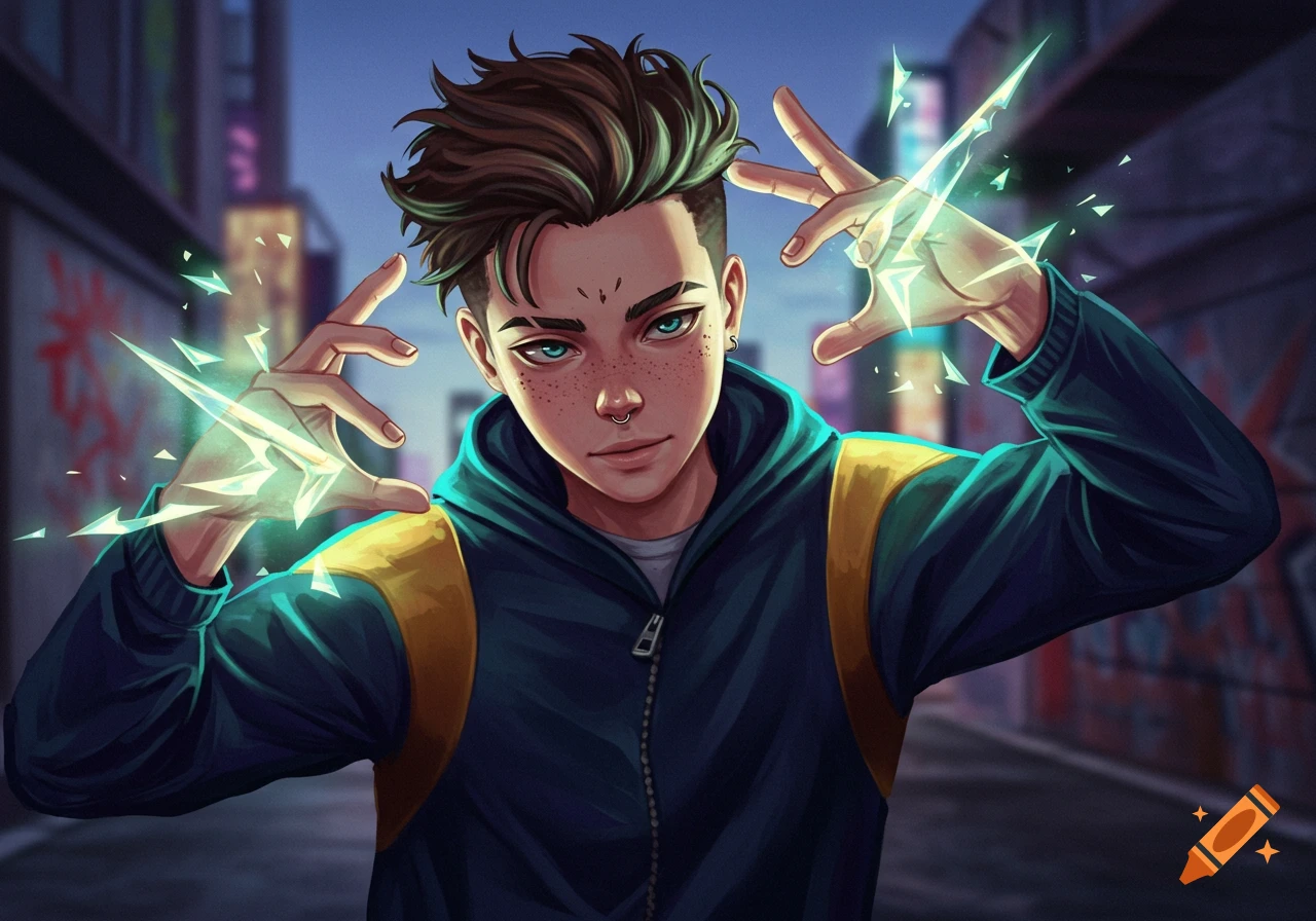 Anime-style illustration of a young person with green-streaked hair, freckles, and a nose piercing, projecting glowing energy from hands in a city street.