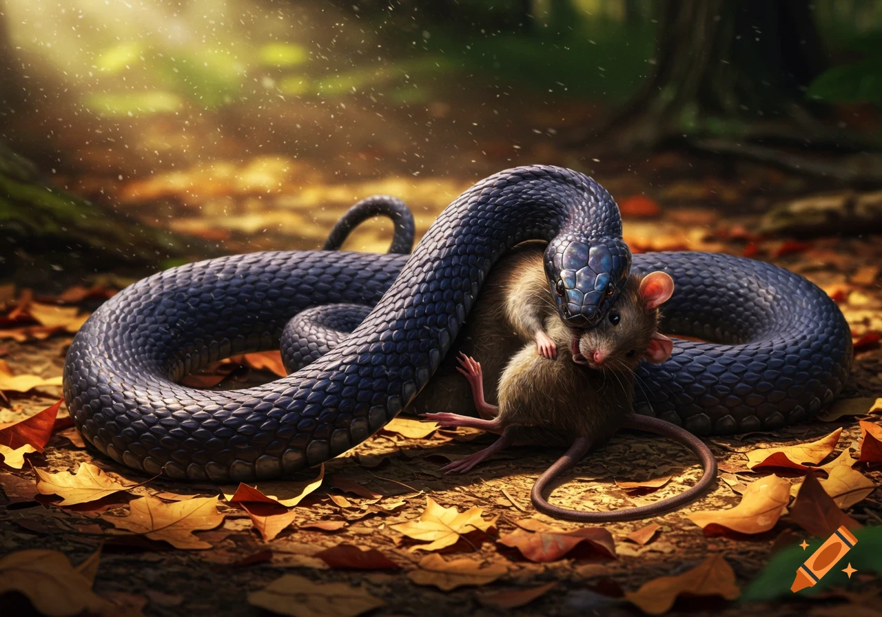 A black snake constricts a small brown rat on a forest floor covered in autumn leaves under dappled sunlight.