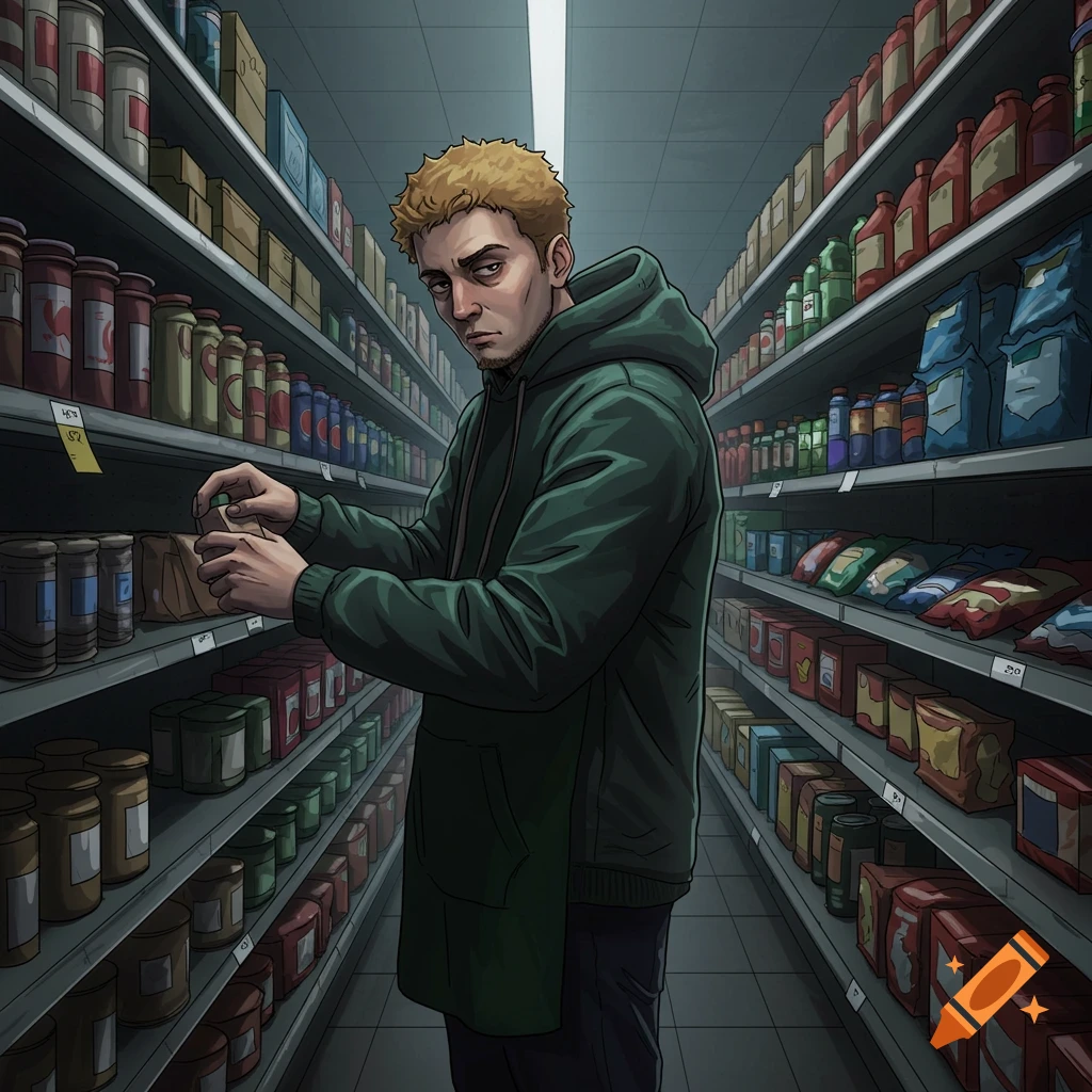 A man with blonde curly hair and a green hoodie stands in a dimly lit supermarket aisle, looking glumly at the camera while holding a package.