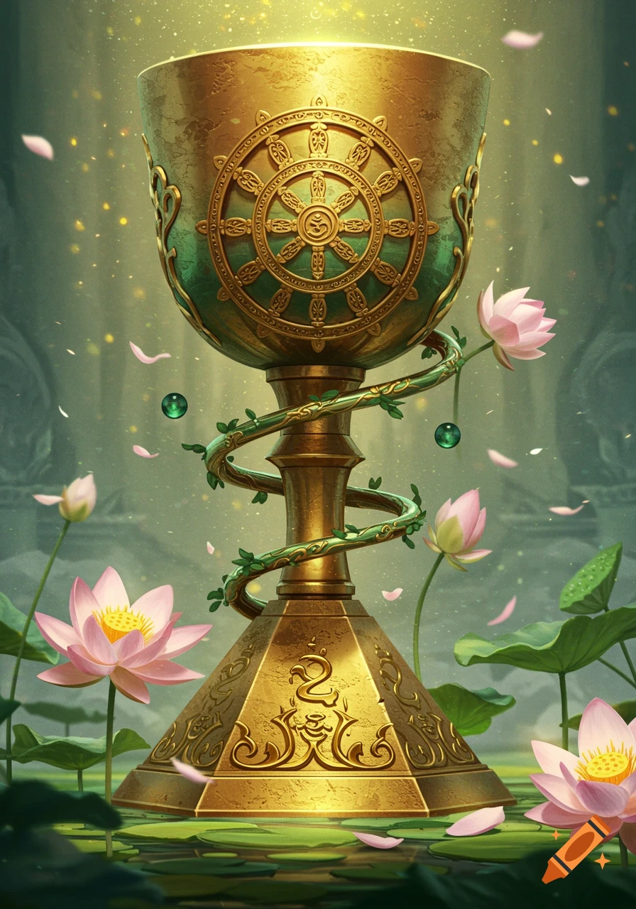 A golden Holy Grail cup with emerald accents, engraved with a Dharma Wheel symbol, surrounded by pink lotus flowers and glowing ethereal light, in a fantasy art style.