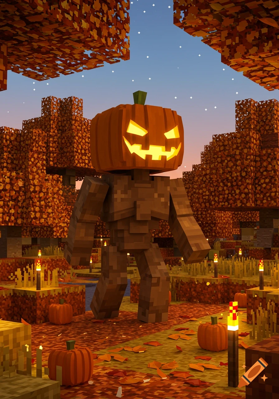 A blocky golem with a glowing jack-o'-lantern head stands in a Minecraft-style autumn forest with fallen leaves and torches.